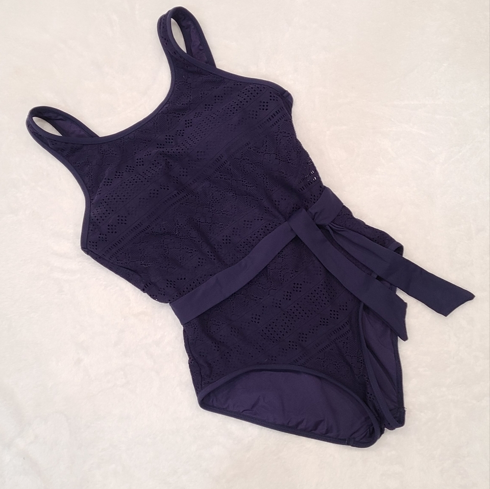 Anne Cole One Piece Swimsuit Crochet High Neck Belted Navy